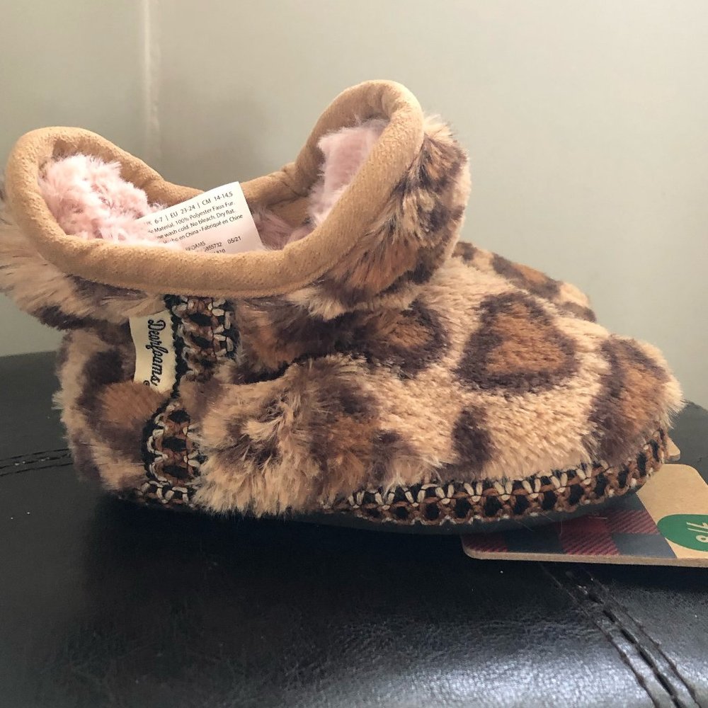 Dearfoams Unisex Child Faux Fur Bootie Slipper, Leopard